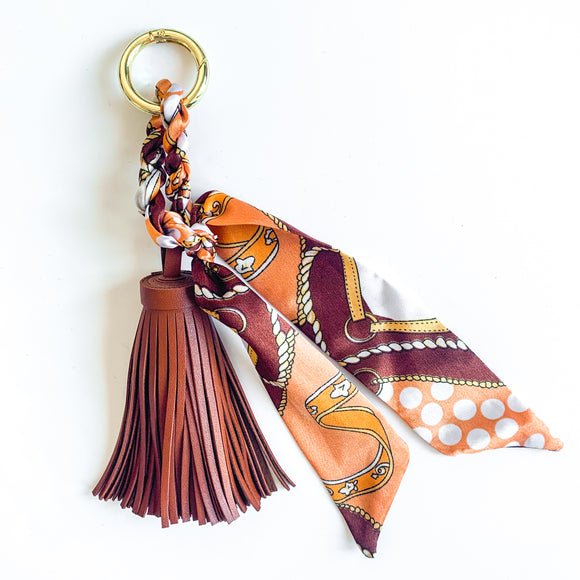 Bag charm tassel with twilly scarf design in classic tan