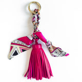 Bag charm tassel with a twilly scarf in hot pink