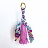 Bag charm tassel with a twilly scarf in lavender purple