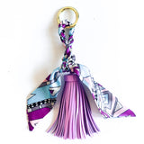 Bag charm tassel with a twilly scarf in pastel lavender purple