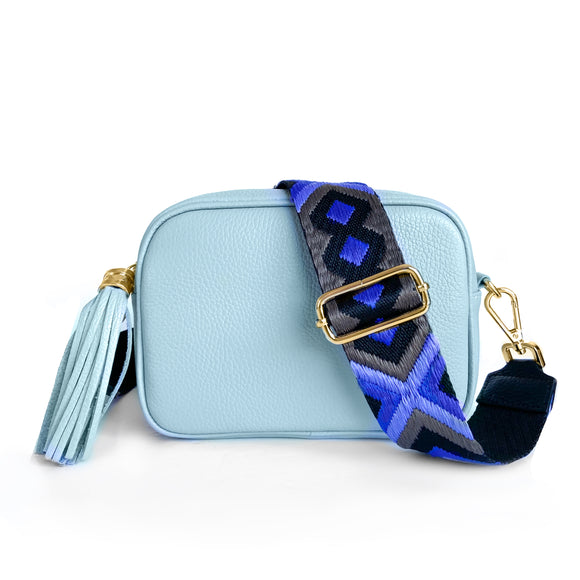 Leather bag Strap blue tapestry in leather made in Italie, paired with blue camera bag