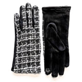 Fashionable and affordable black and white tweed design with black stretchy faux-suede gloves