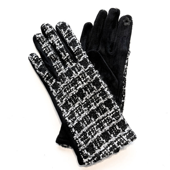 Fashionable and affordable black and white tweed design faux-suede gloves