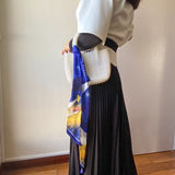 Satin twilly scarf, midnight blue impressionist design, tied around the bag
