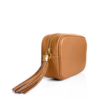 Tan camera leather bag, made in Italy, side