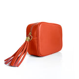 Orange camera leather bag, made in Italy, side