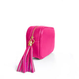 Fuchsia pink camera leather bag, made in Italy, side