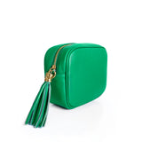 Bright green camera leather bag, made in Italy, side