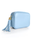 Light sky blue camera leather bag, made in Italy, side