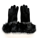 Black fashionable and affordable faux-fur gloves with stretchy faux-suede 