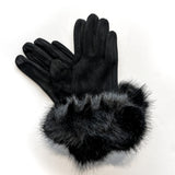Black fashionable and affordable faux-fur gloves with comfortable stretchy faux-suede