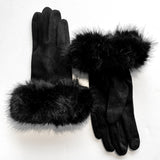 Black fashionable and affordable faux-fur gloves with stretchy faux-suede, one-size-fits-all