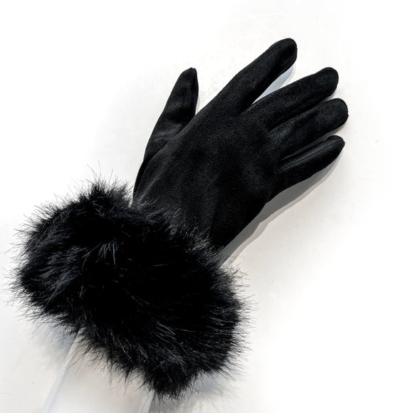 Black fashionable and affordable faux-fur gloves with stretchy faux-suede