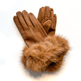 Fashionable and affordable faux-fur gloves with stretchy tan faux-suede, one-size-fits-all
