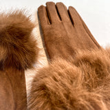 Fashionable and affordable faux-fur gloves with stretchy tan faux-suede details