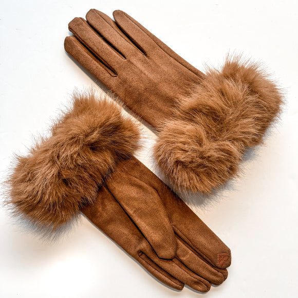 Fashionable and affordable faux-fur gloves with stretchy tan faux-suede