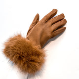Fashionable and affordable faux-fur gloves with stretchy tan faux-suede worn