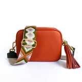 Orange camera leather bag, made in Italy, with olive tapestry strap
