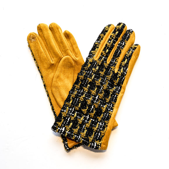 Fashionable gloves with a tweed design and mustard stretchy faux-suede