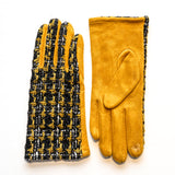 Fashionable and affordable mustard faux-suede gloves with tweed design on the front