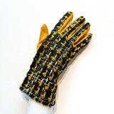 Fashionable and affordable faux-suede stretchy gloves with a tweed design worn for exemple
