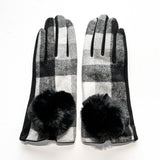 Fashionable and affordable design gloves with black and white tartan pattern and black faux-fur 