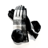 Fashionable and affordable design gloves with black and white tartan pattern and black faux-fur back and front