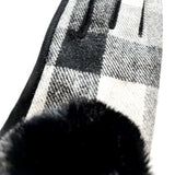Fashionable and affordable design gloves with black and white tartan pattern and black faux-fur detail