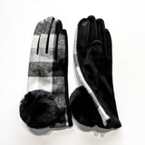 Fashionable and affordable design gloves with black and white tartan pattern and black faux-fur on the front and stretchy black faux-suede