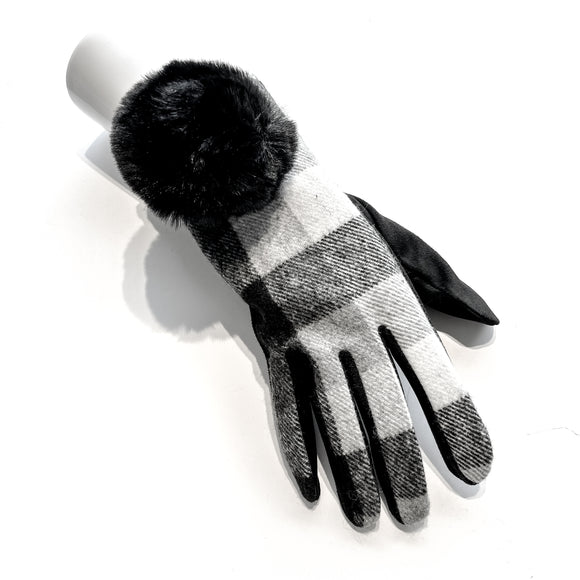 Fashionable and affordable design gloves with black and white tartan pattern and black faux-fur