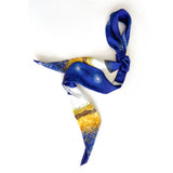 Satin twilly scarf, midnight blue impressionist design, knot